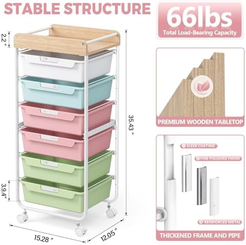 SYKIARIOL Rolling Cart with 6 Drawers,Craft Organizer and Storage,Colorful