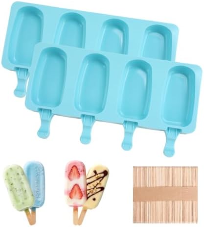 Popsicles Molds, 2Pcs Homemade Cake Pop Molds with Wooden Popsicles Sticks, Reusable Silicone Ice Pop Cream Cakesicle Maker Mold 4 Cavities for Home DIY Craft, Blue