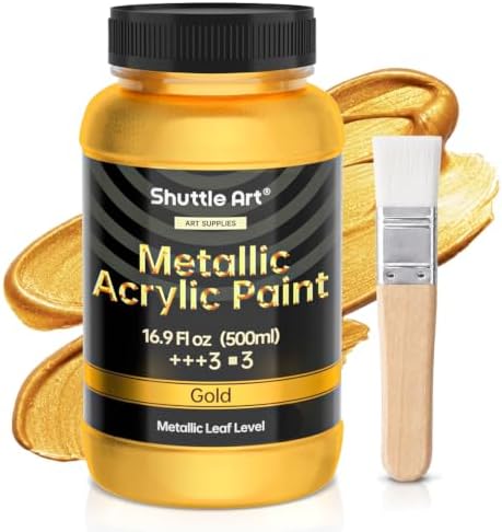 Shuttle Art Metallic Gold Acrylic Paint, 16.9 oz(500 ml) Large Gold Leaf Paint With Brush, Non Toxic, Non Fading Gold Paint for Crafts, Metal, Wood, Clay, Ceramic, Canvas, Furniture