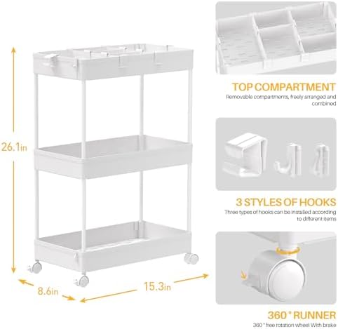 SPACELEAD 3 Tier Rolling Cart with Wheels, Storage Craft Art Trolley Organizer Serving, 3 Hanging Baskets Easy Assembly, for Office, Bathroom，Living Room, Kitchen, White