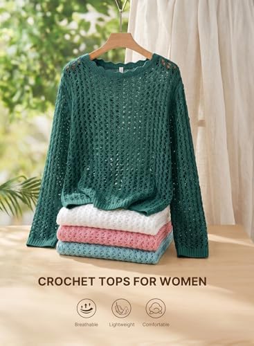 EVALESS Crochet Tops for Women Long Sleeve Hollow Out Knit Sweaters