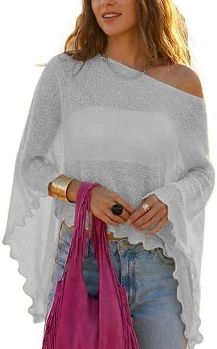 MAKABO Women's Crochet Sheer Poncho Top Lightweight Sparkly Shrug Pullover Knit Bolero Sweater Cover Up Beachwear