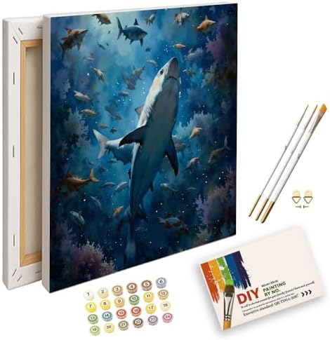 Underwater Adventure Paint by Numbers Kit for Adults - DIY Shark and Fish in Ocean Scene Painting on Canvas 16X20IN framed, Acrylic Paint Set, Suitable for Beginners, Art for Home Decoration/Gifts