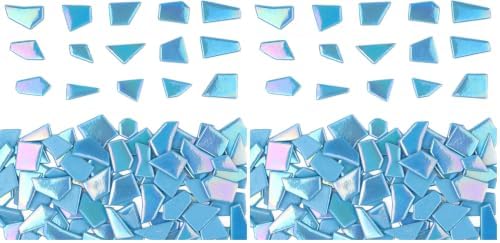 Youway Style Iridescent Glass Mosaic Tiles for Crafts Bulk,200g Blue Broken Mosaic Glass Pieces for Garden Crafts Kits,DIY Mosaic Art Decor (Pack of 2)