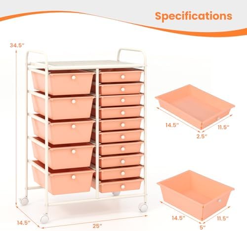 Giantex 15 Drawers Rolling Cart, Classroom Organizers, Storage Cart with Wheels, for Teacher Office Home School Supplies Tool Craft Art Paper