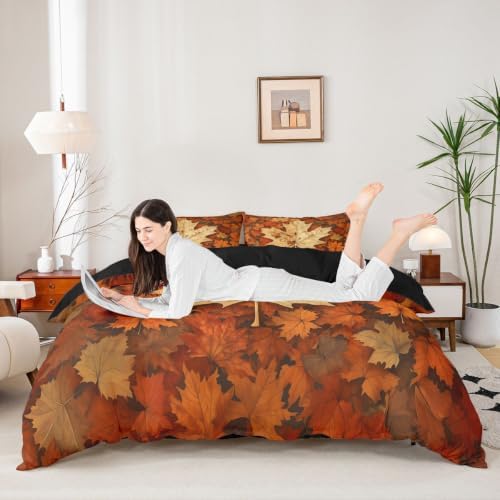 Erosebridal Maple Leaf Duvet Cover Queen Size Autumn Fall Bedding Set for Adults Teens Women Boho Vintage Comforter Cover Modern Abstract Bedclothes Room Decor