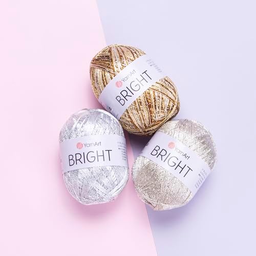 YarnArt Bright Metallic Glitter Yarn – 80% Polyamide 20% Metallic Polyester, 90g 340m, Soft Sparkle Fiber for Crochet, Lace, Summer Tops & Accessories – 4 mm Needle & Hook (128, Silver)