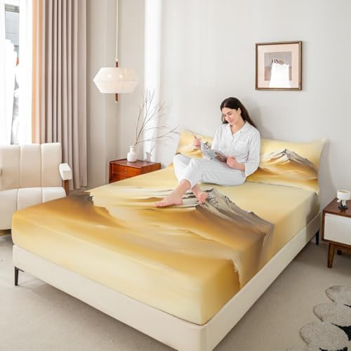 Landscape Themed Sheet Set Golden Mountain Scenery Bedding Set Natural Landscape Bed Sheets Teens Room Decor Golden White (King Flat & Fitted Sheet with 2 Pillow Case)