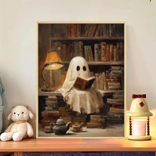 Halloween Paint by Numbers Kit for Adults, Ghost Reading Book, 16x20 inch