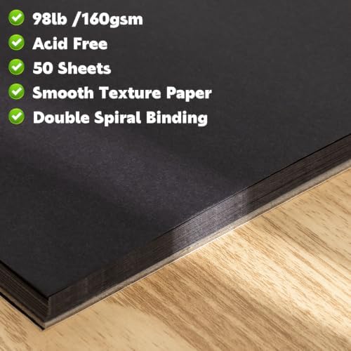 2 Pack Black Paper Sketchbook, 5.5 × 8.5 in, 100 Sheets, Spiral Bound