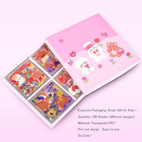 100 PCS Cute Cartoon Animal Stickers,Kawaii Transparent PET Sticker Sheets for Scrapbooking Bullet Journaling,Diary,DIY Arts Crafts,Album,Planners,Junk Journal