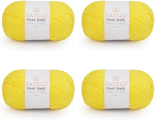 Thin Chenille Yarn for Crocheting & Knitting, Soft Plush Yarn for DIY Crafts, Amigurumi, Home Decor - 3 Light - 4 Pack of 1.7oz/142yds - Vibrant Yellow