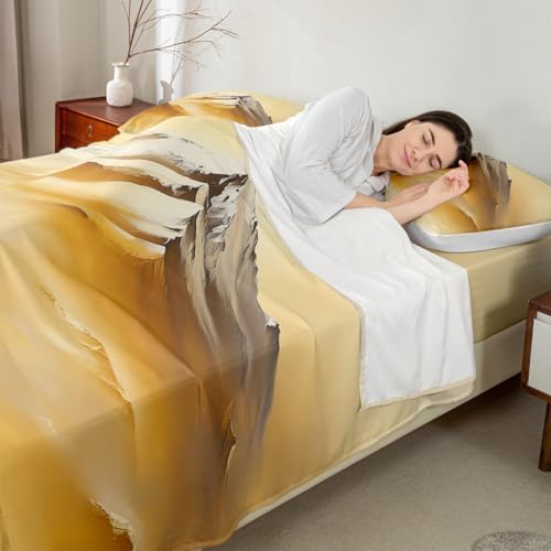 Landscape Themed Sheet Set Golden Mountain Scenery Bedding Set Natural Landscape Bed Sheets Teens Room Decor Golden White (King Flat & Fitted Sheet with 2 Pillow Case)
