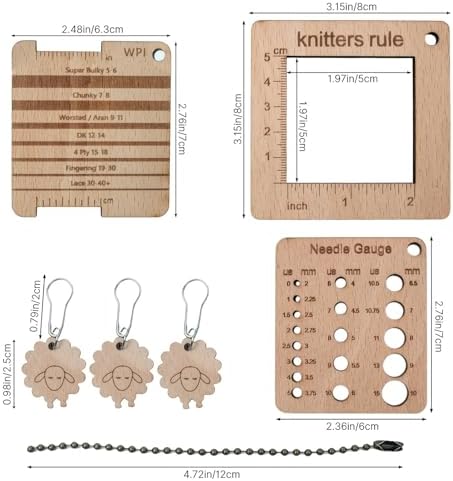 3 Pcs Wood Knitting Gauge Rulers with Lamb Marking Button, 3 Style Square Knitting Tool, Crochet Hook & Knitting Needle Gauge & Knitting Rule, Sewing Rulers for Art Sewing Knitting Crafts