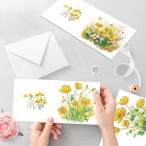 6pcs 5D DIY Diamond Painting Kit Greeting Card, Small Yellow Flower Diamond Handmade Greeting Card with Envelope, Holiday Gift Congratulations