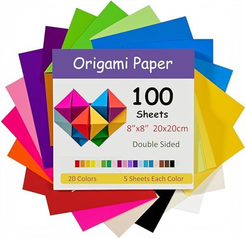 100 Sheets Origami Paper, 20x20 cm/8 Inch Large Origami Paper Double Sided(70gsm), 20 Colors, Perfect for Kids DIY School Arts Crafts Projects Children Adults