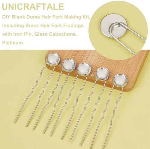 UNICRAFTALE 20 Sets U Shape Hairpins Platinum Round Bezel Tray Blank Hair Pins Brass DIY Cabochon Hair Pins Supplies with Glass Cabochons 12mm Tray Hair Clips 80mm Long Hair Fork for Jewelry Making