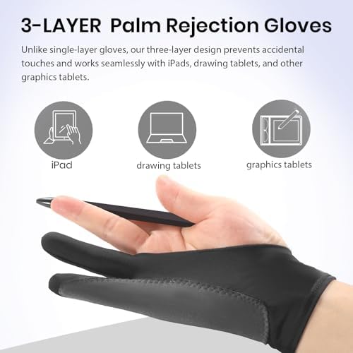 Artist Drawing Glove: 3-Layer Palm Rejection for iPad & Drawing Tablets | Smooth-Glide & Breathable for Digital Art & Paper Sketching, Two-Finger Design, Fits Left & Right Hand, 4-Pack+Cleaning Cloth