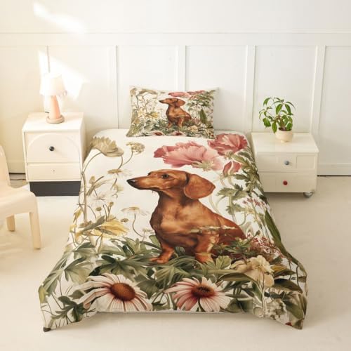 Erosebridal Dachshund Duvet Cover Twin Size Wildflowers Bedding Set for Kids Boys Girls Animal Vintage Botanical Comforter Cover Watercolor Style Bedclothes Room Decor