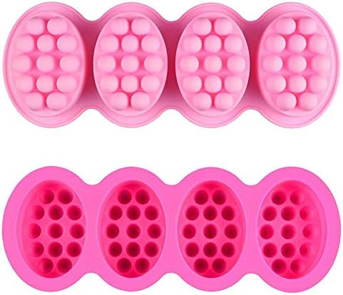 Silicone Soap Mold, 4 Cavity Oval Massage Soap Mould Cookie Chocolate Cake Mold Tray for DIY Homemade Craft (Pink)