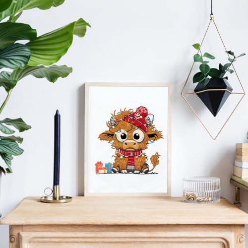 Christmas Highland Cow Embroidery Kit for Beginners Adults Easy Embroidery Starter Kit Highland Cow Christmas Hat Cross Stitch Kits Embroiderys Hoop Needlepoint Kits with Instruction Needles Thread