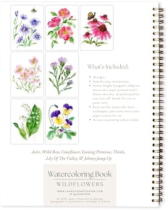 Wildflower Watercolor Workbook with Real Cold Press Cotton Watercolor Paper, Pre-Outlined Designs, Step-by-Step Instructions & Online Videos – Premium Botanical Art Book for Adults & Beginners