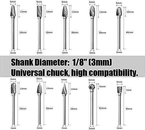 Tungsten Carbide Rotary Burr Set for Dremel, 10PCS Carbide Double Cut Carving Burr Bits with 1/8” Shank Rotary Tool Accessories for Woodworking, Engraving, Drilling, Steel Metal Working