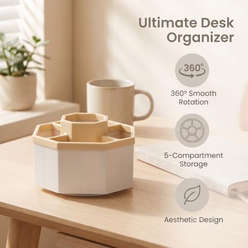 Jekelife 360 Degree Rotating Pen Holder,5-Compartment Desk Organizer,Beige