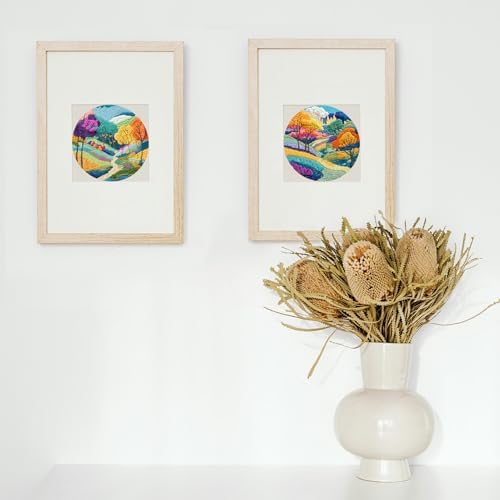 FONNUY 2 Set Embroidery Kit DIY for Adult Beginner, Pre-Stamped Patterns Mountain Sea Embroidery Kits with Hoop, Colored Threads and Needles, Easy to Follow Needlework (Autumn Trees)