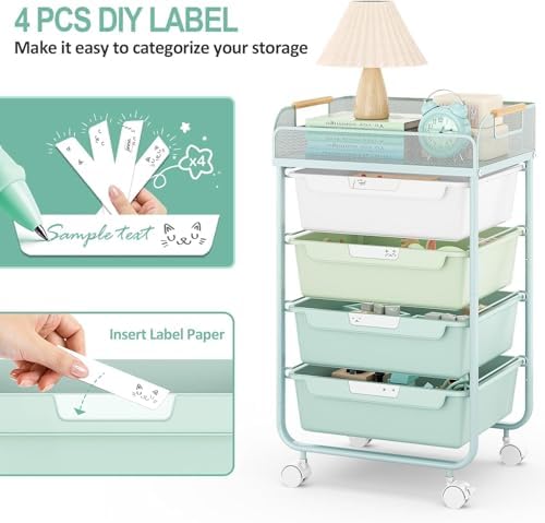 SYKIARIOL 4-Drawer Rolling Storage Cart with Mesh Top,Green