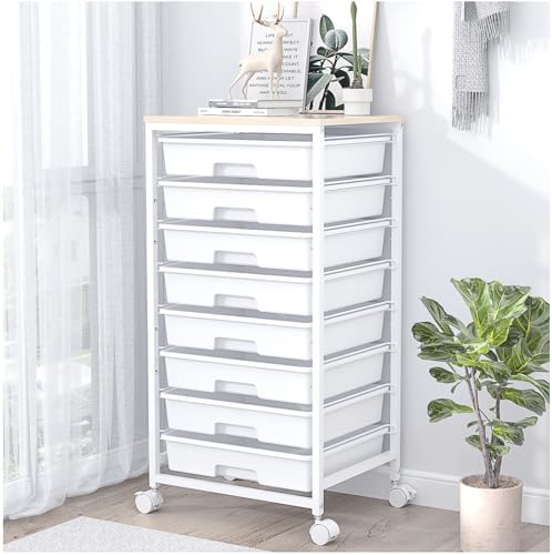 SYKIARIOL Rolling Storage Cart with Drawers, 8 Drawers Utility Cart,White | Rolling Drawer Cart with Wooden Tabletop,Storage Drawer Cart for Living Room,Classroom,Bedroom,Dorm,Office