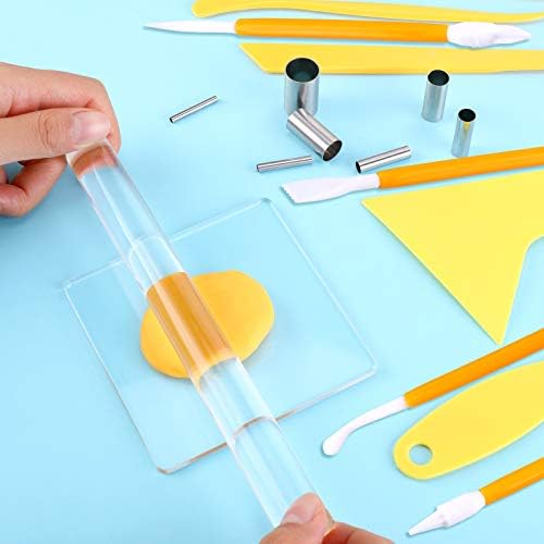 Honoson 23 Pcs Clay Sculpting Tools Set with Roller Cutters,Yellow | Acrylic Mat, Metal Round Cutters, Scraper Board, Ideal for Polymer Clay Crafts, Art Sculpting, Shaping and Modeling Projects