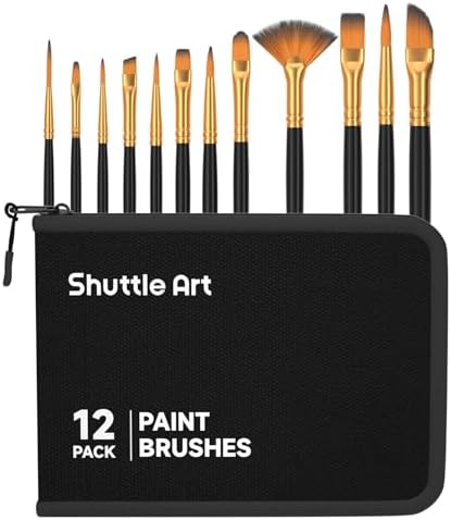 Shuttle Art 12 PCS Paint Brush Set with Case, Assorted Shapes & Sizes for Acrylic, Watercolor, Oil, and Gouache, Perfect Artist Brushes for Kids, Beginners, and Professionals, Ideal for Home or Travel