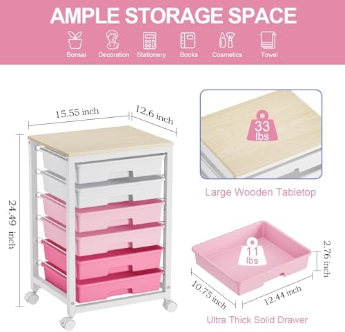 Sykiariol Rolling Cart with 6 Drawers,Pink