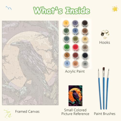 Spandrel Gothic Raven Paint by Number Kits for Adults, Halloween Paint by Number Kits on Canvas, DIY Acrylic Oil Full Moon Painting by Numbers Gitfs for Home Wall Decor, 8x12in