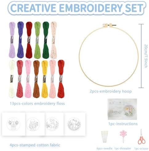 FREEBLOSS 4 Set Embroidery Kit Girl Pattern Stamped Embroidery Starter Kit with Step By Step Instructions, Colored Threads, 2 Hoops, Needlepoint Kits for Hand Craft Lovers Gift, 30cm/11.8inch
