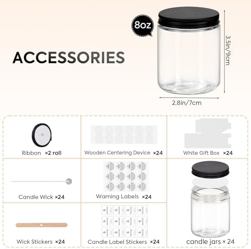 24 Pack 8OZ Glass Jars with Metal Lids, Candle Jars with Candle Making Kits, Labels, Gift Box, Empty Canning Jars, for Food Storage, Spice, Liquid