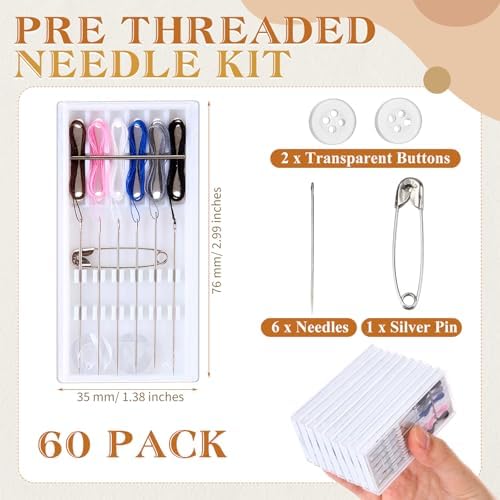Leyndo 60 Boxes Pre Threaded Needles Sewing Kit, Random Color, 6 Threads