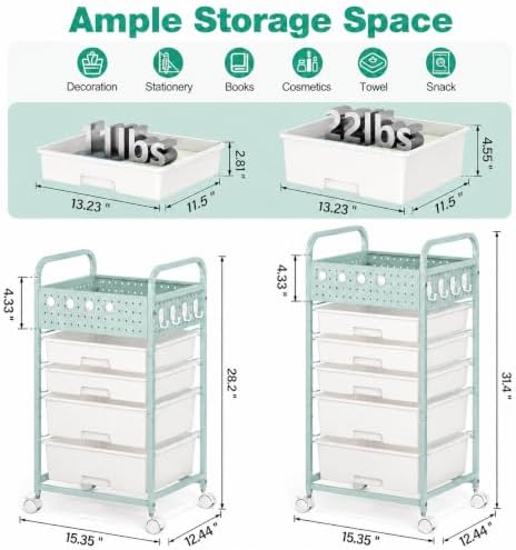 5 Drawer Rolling Storage Cart with Pegboard Top and Hooks, Green