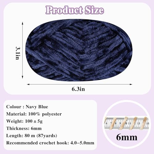 4 PCS 400g Soft Chenille Velvet Yarn for Crocheting,Fluffy Warm Yarn for Knitting and Crochet DIY Craft Blanket Bag Hat Scarve Clothe Gloves Slippers Doll (Navy Blue)