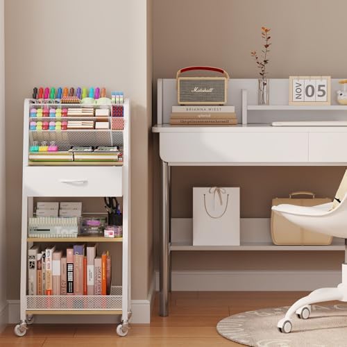 Homsorout 3 Tier Rolling Cart - Metal Utility Cart with Storage Drawer and Wheels, Versatile Art & Craft Organizer for Home, Office, or Studio - Ideal for Storing Brushes, Paints, and Supplies（Maple）