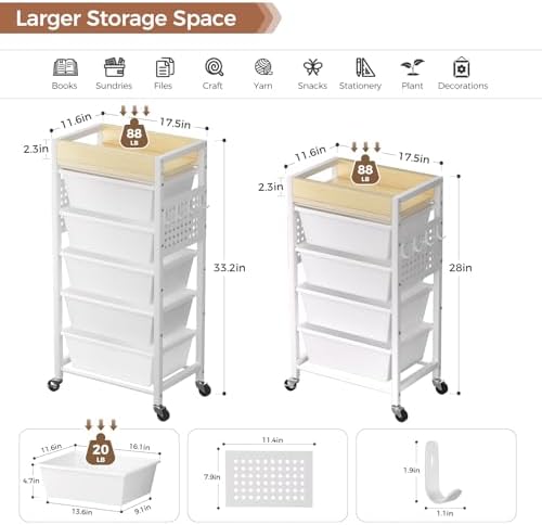 5 Tier Rolling Cart with Drawers, Plastic Drawer Storage Craft Cart with Pegboards & Hooks, Metal Utility Cart with Wheels & Wooden Tabletop, Classroom Office Art Supply Organizers and Storage, White