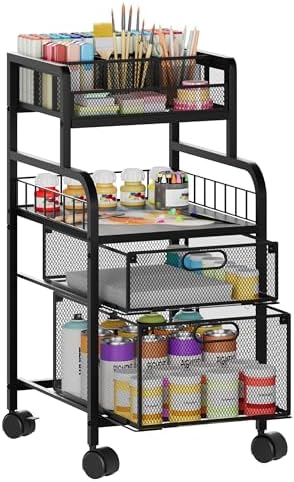 SWTYMIKI Rolling Cart with Drawers - Metal Craft Cart with Wheels, DIY Divider and Wood Shelf, Art Supply Organizer for Under Desk Storage, Utility Storage Cart for Home Office Studio, Black