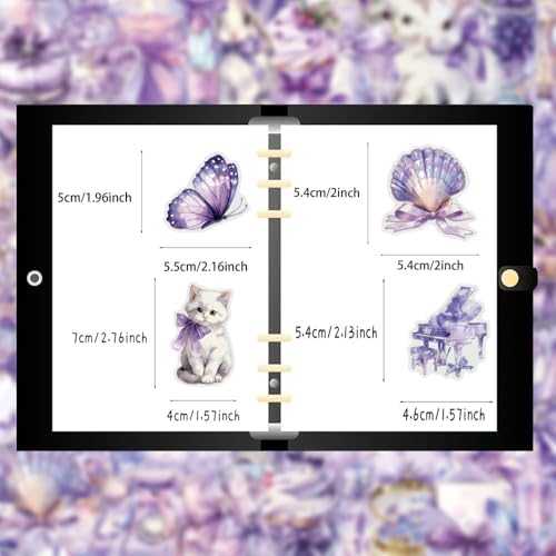50 Pcs Romantic Purple Dreamy Transparent Scrapbook Stickers – Fantasy Fairycore Crystal Bow Ribbon Castle Animals Clear Journaling Decorative Stickers