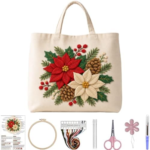 ARTopet Embroidery Tote Bag Kit for Beginners Christmas Canvas Cross Stitch Handbag with Hoops Needles Threads Reusable Grocery Bag for Women-Poinsettia