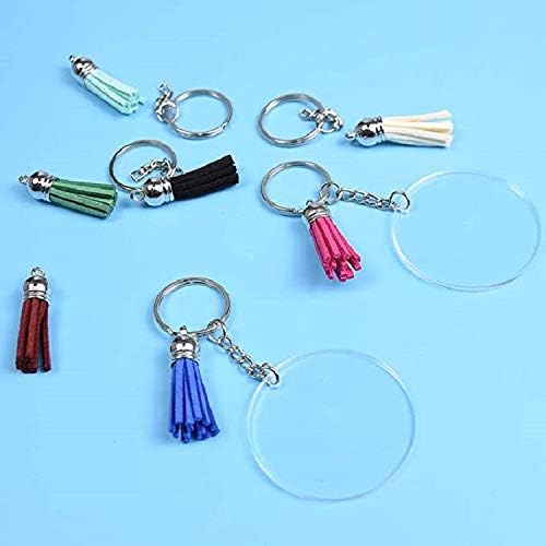 KINGFOREST 120PCS Acrylic Keychain Blanks Kit - 30 Keychain Rings, 30 Jump Rings, 30 Clear Discs, 30 Tassels - DIY Craft Supplies for Jewelry Making, Vinyl Stickers & Personalized Gifts