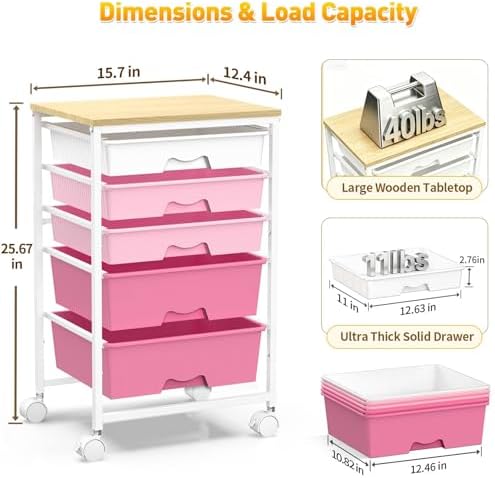 SUNALLY Rolling Carts With 5 Drawers, Storage Drawer Carts for Craft, Pink | Rolling Utility Cart with Wooden Tabletop & 2 Lockable Wheels, Teacher Storage Cart for Classroom School, Makeup, Nail, Art