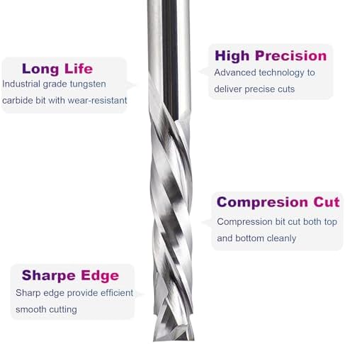 SpeTool Spiral Compression Router Bits 1/4" Shank,1-1/4Inch Cutting Length, Extra Long 3 Inch OVL,Carbide UP Down CNC Router Bits End Mill for Wood Mortises Carving Engraving