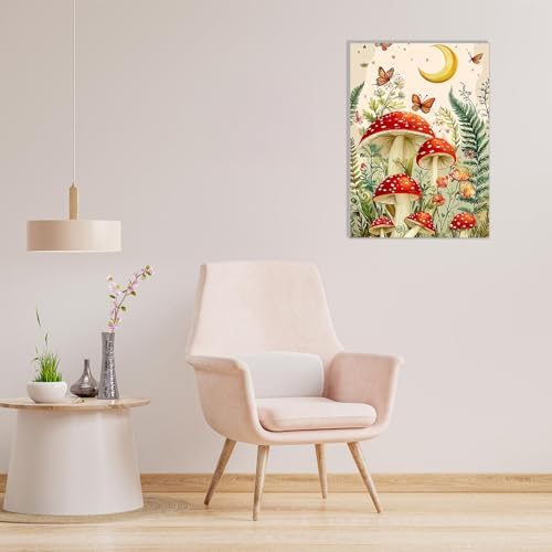 MAXBYE Mushroon Paint by Numbers Kit for Adults with Frame and Wooden Easel, Easy Moon Painting Numbers Art Kits on Canvas, DIY Forest Acrylic Painting Kit for Gift Home Wall Garden Decor 10×14 in