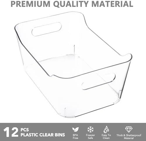 Tiawudi 12 Pack Plastic Storage Bins, Multi-Use Organizer Bins, Pantry Organizer, Clear Storage Containers for Home, Kitchen, Office, Cabinet, Shelf and Fridge Organization